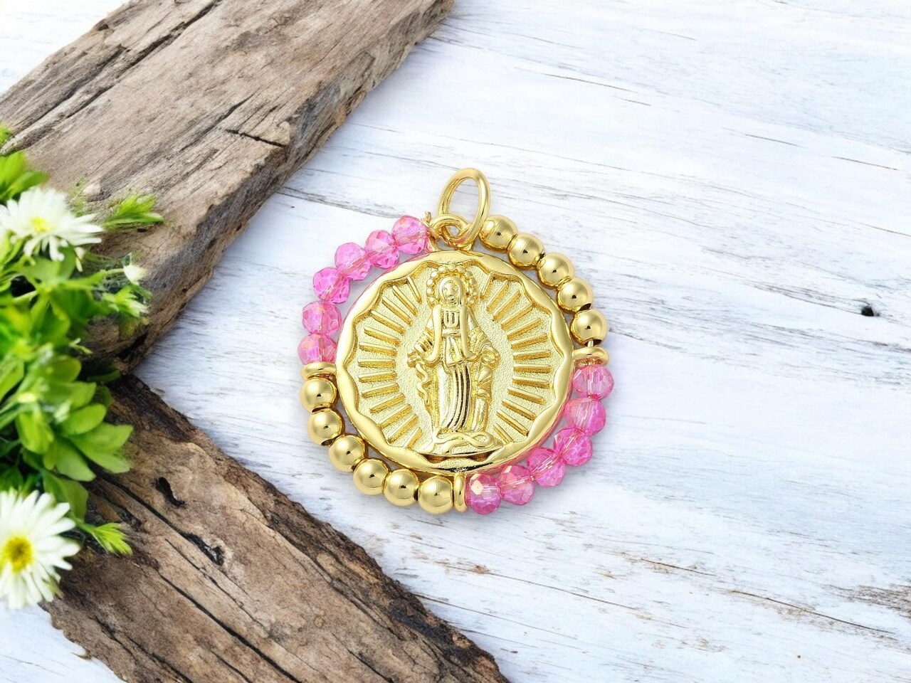 24mm Long Lasting Gold Plated Brass Virgin Mary Beaded Charm Pendant